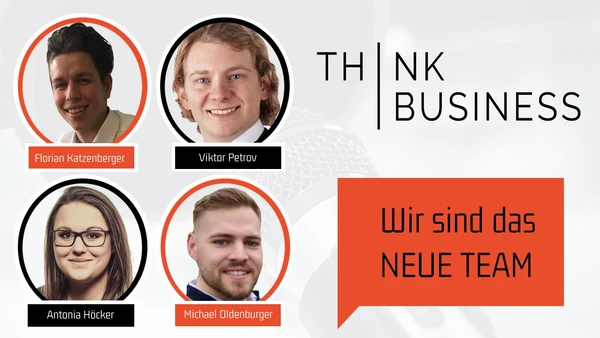 Four portraits of students and the ThinkBusiness Podcast Logo