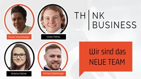 Vier Porträts der Studierenden und das ThinkBusiness Podcast Logo