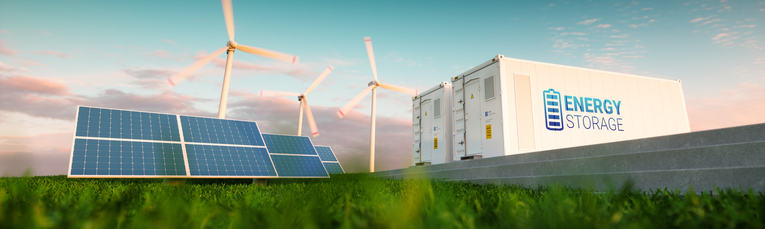 Grafische Darstellung Photovoltaik, Windräder, Energiespeicher