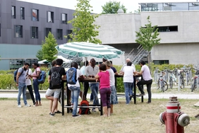 Menschen auf der Campus Wiese im Gespräch